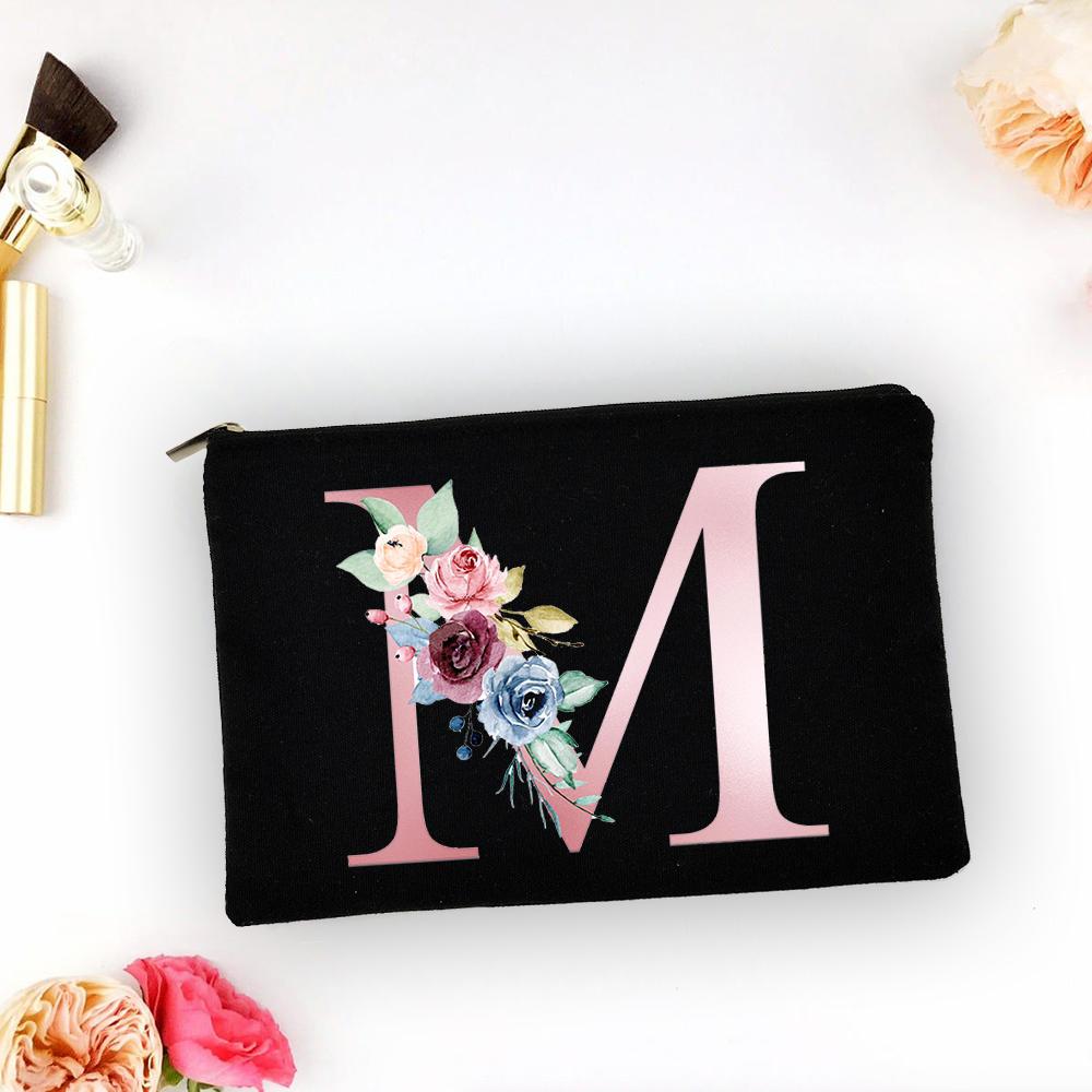 Pink Alphabet Flower A-Z Makeup Bag Make Up Pouch Women Shopping Travel Cosmetic Storage Lipstick Bags Large Capacity Organizer