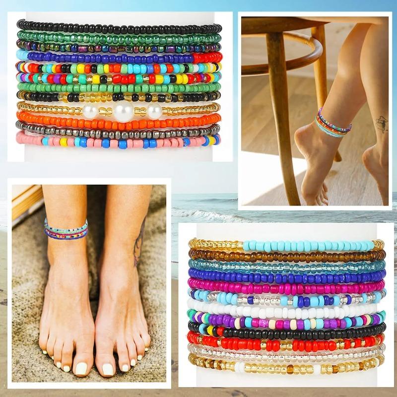 Colorful Beads Anklets Summer Beach Boho Women Elastic Rope Chains Adjustable Ankle Bracelet Beach Jewelry Vacation Accessories