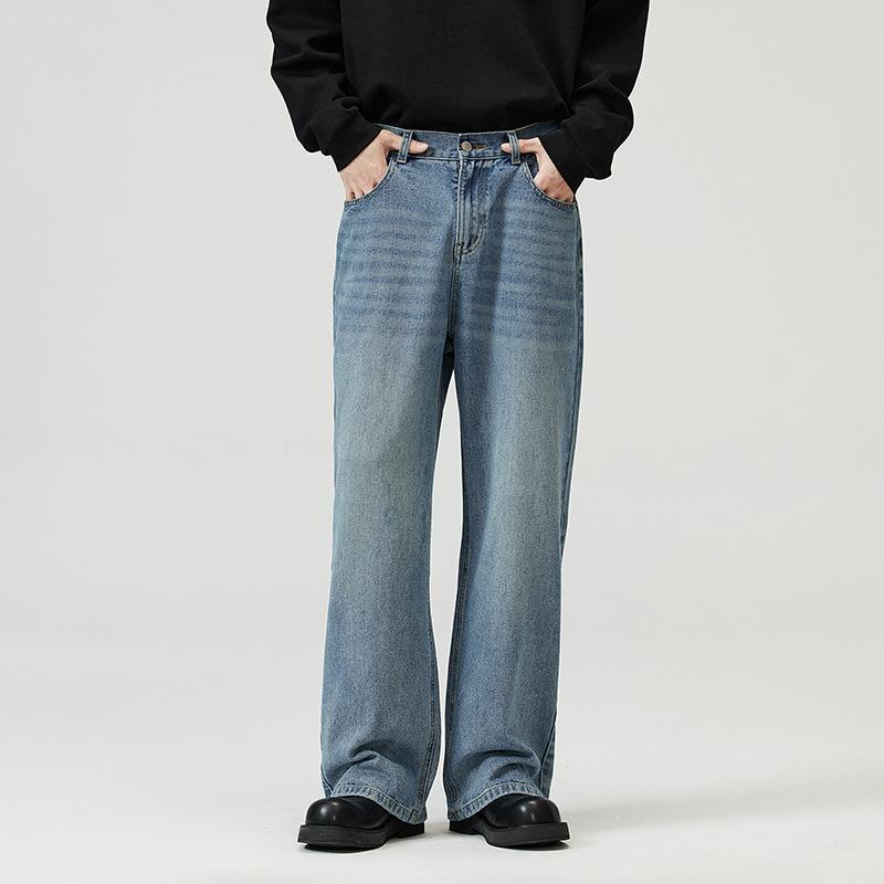 Simple Men's Denim Pants Casual Washing Solid Color Menswear Bottom Middle Waist Straight Wide Leg Loose Male Jeans 2025 Spring Autumn
