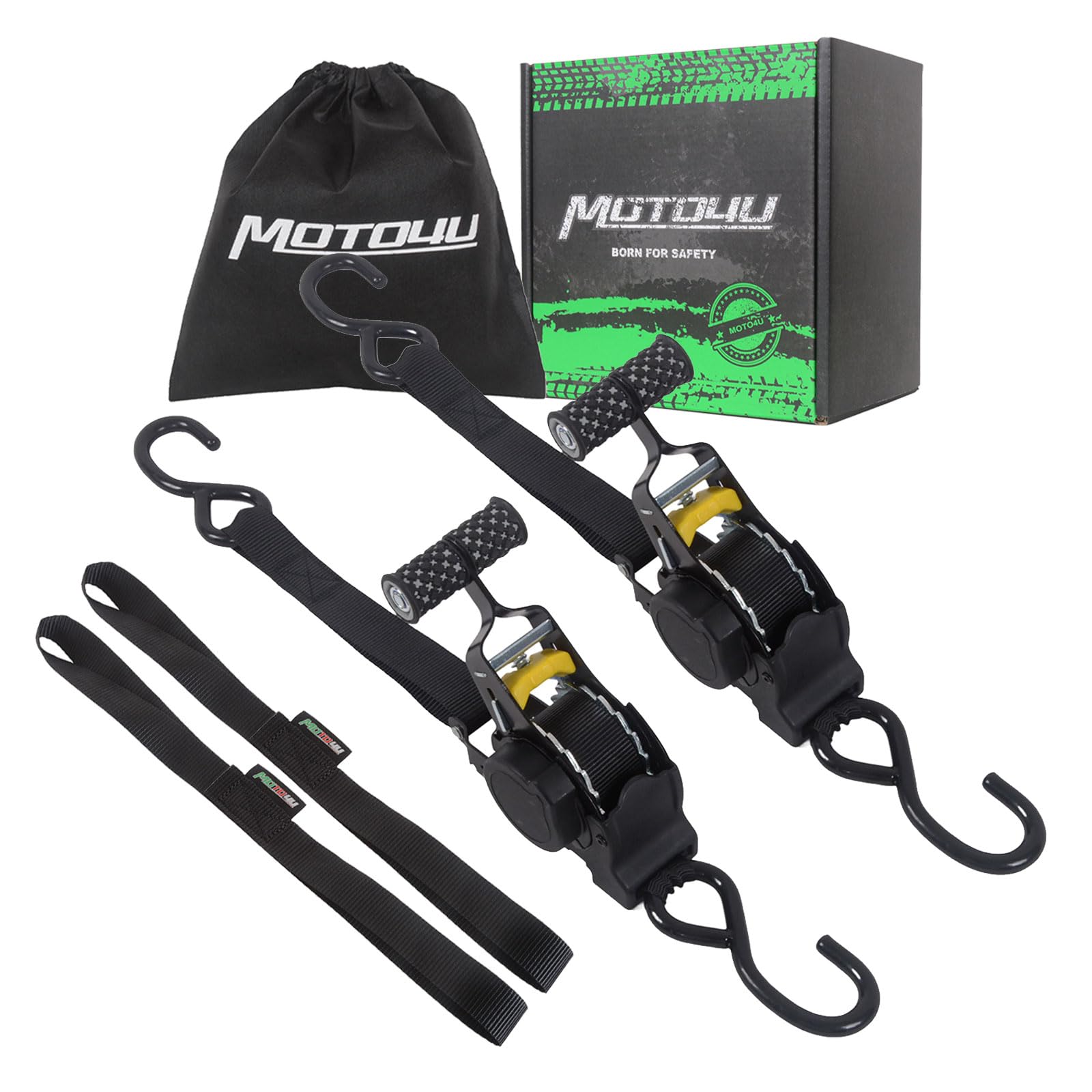 

MOTO4U Набор из 2 автоматических втягивающихся 25 мм x с двумя мягкими храповыми грузовыми крепежными ремнями, 3 м, петли, ремни, чёрный