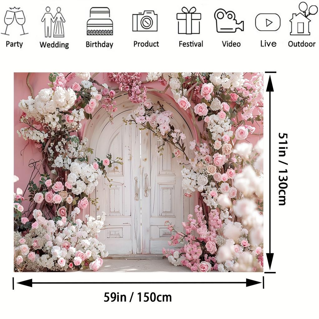 Mehrzweck-Polyester-Fotohintergrund - romantischer Rosenbogen und weiße Tür
