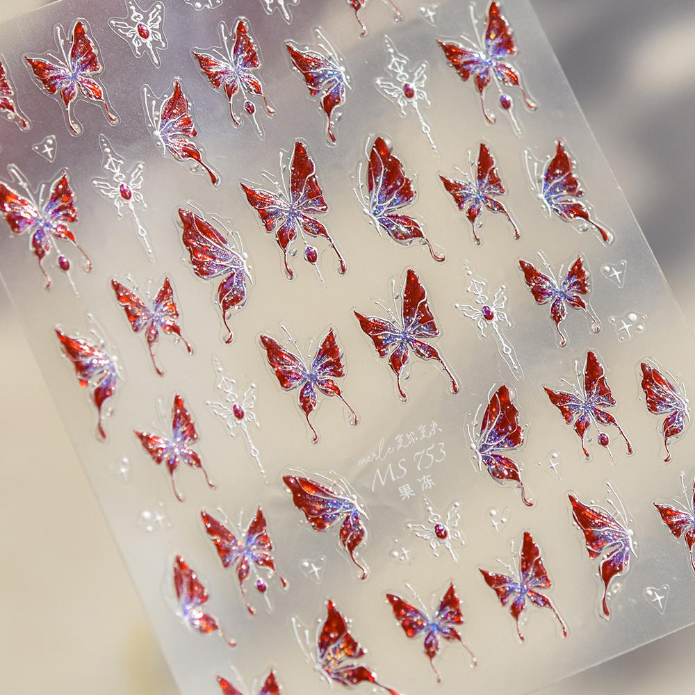 1 Piece 5D Retro Colorful Hand-painted Butterfly Nail Stickers Shell Light Butterfly Rhinestone Soft Relief Nail Art Stickers