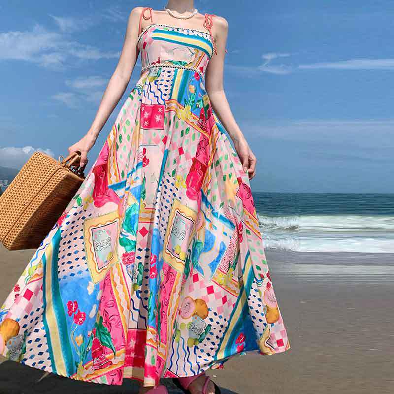 

2025 Spring Graffiti Print High-Waisted Camisole Dress for Women L