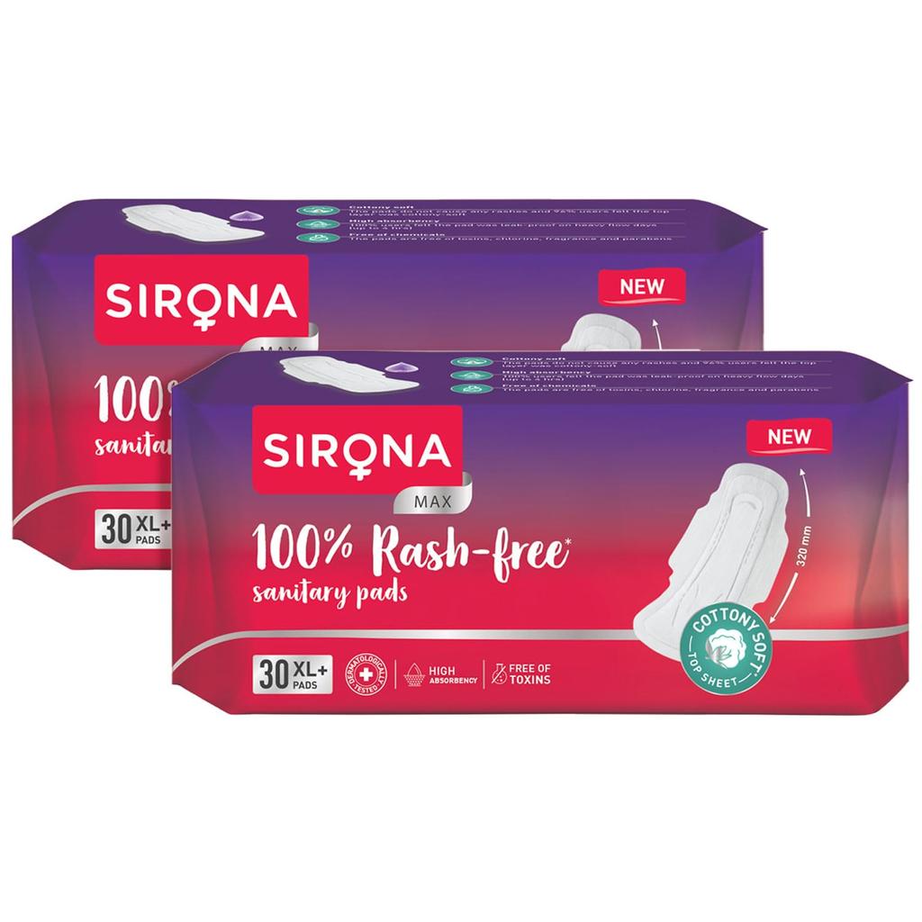 Sirona Max Sanitary Pads for Women | XL Plus (Pack of 60 Pads) | 100% Rash Free & Toxic-Free | Organic Cotton Sanitary Pad | Up To 0% Leakage, Co