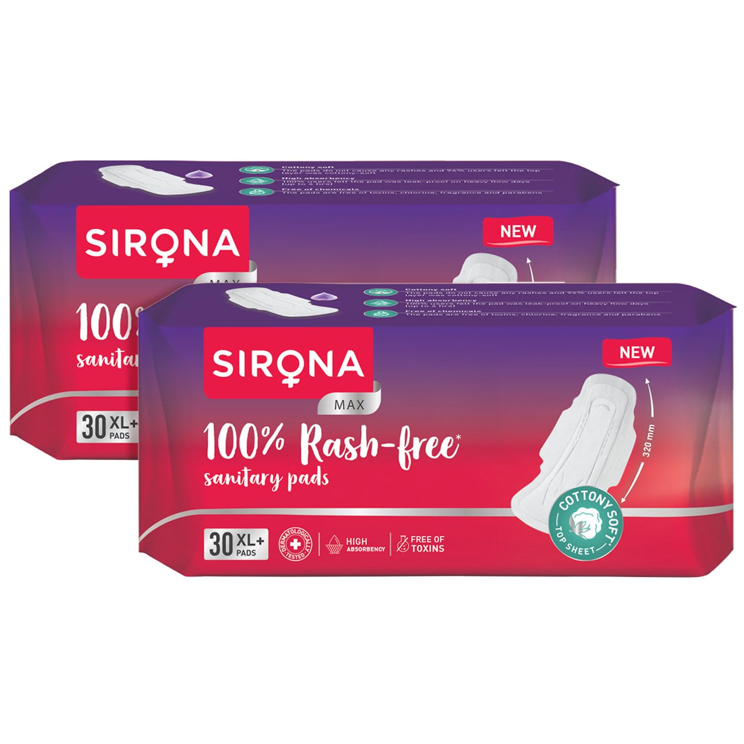 Sirona Max Sanitary Pads for Women | XL Plus (Pack of 60 Pads) | 100% Rash Free Toxic-Free | Organic Cotton Sanitary Pad | Up to 0% Leakage, Co