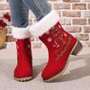 Women's Red Christmas Snow Boots Round Toe Chunky Heel Thick Sole High Heel Furry Lined Ankle Boots Warm Cotton Shoes