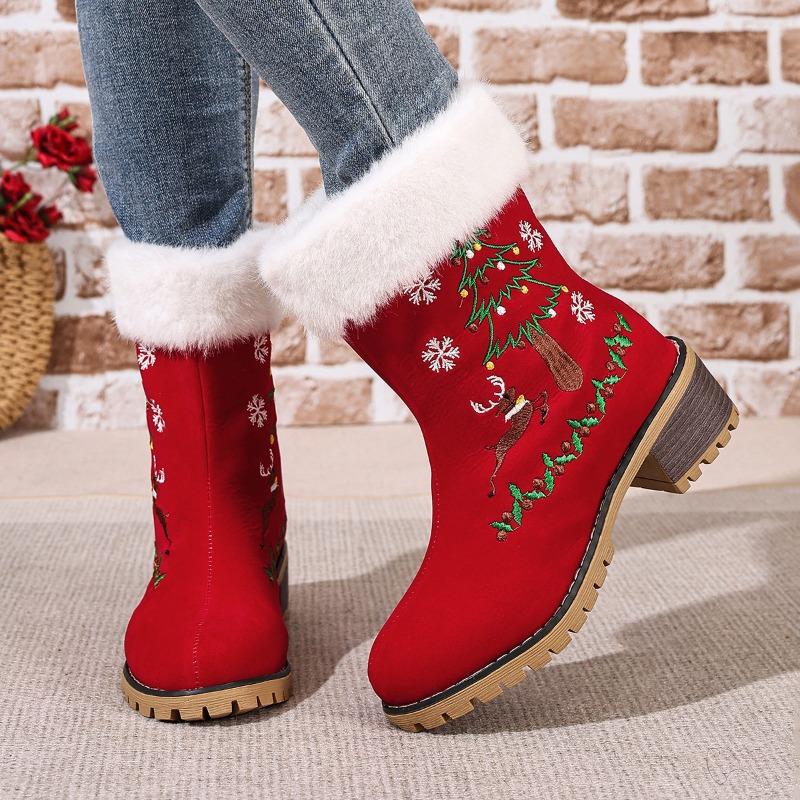 Women's Red Christmas Snow Boots Round Toe Chunky Heel Thick Sole High Heel Furry Lined Ankle Boots Warm Cotton Shoes