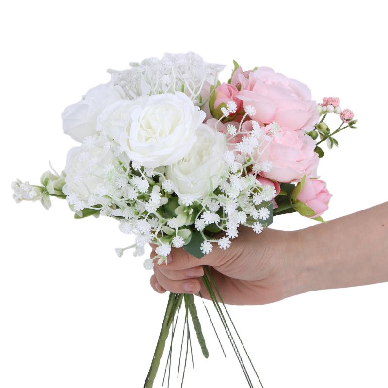 Artificial Rose and Gypsophila Set Lifelike Faux Flower Bridal Hand Bouquet for Wedding Prop Party Event Decor