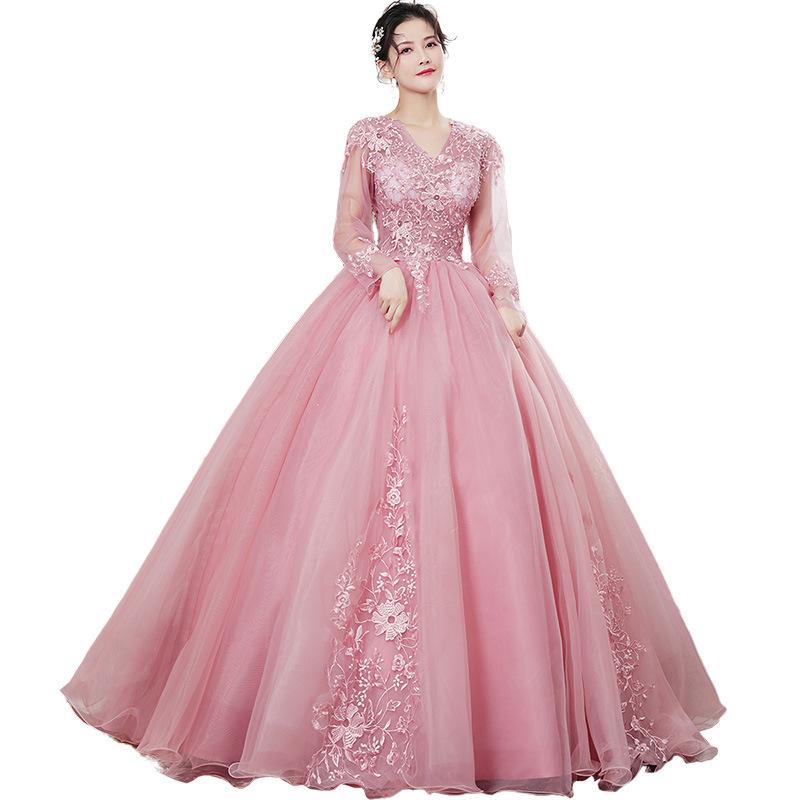 Autumn new product pink temperament elegant colored yarn dress skirt art exam bar mitzvah stage performance performance clothes advanced sense