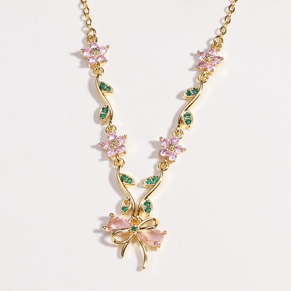 Flower Bow Necklace Pendant Shiny Pendant Chain Delicate Bowknot Rhinestone Necklace  Holiday