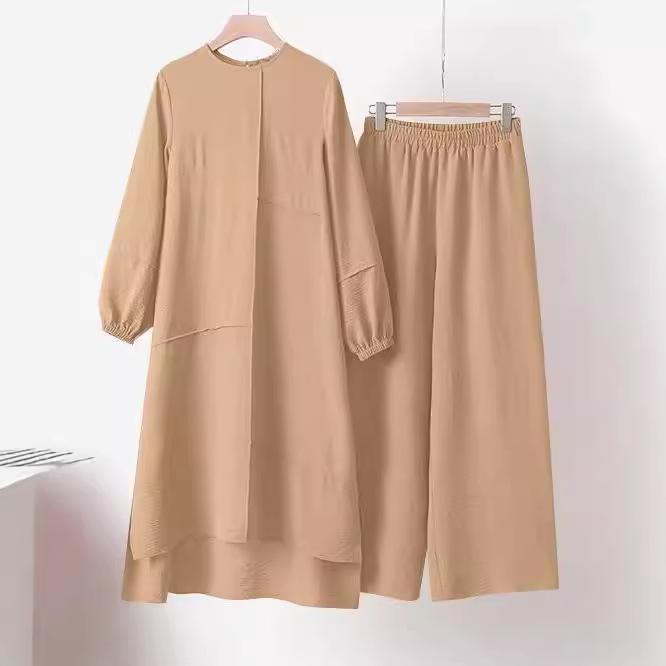 Muslim Women's Urban Sportswear: Elegant Puff Sleeve Shirt & Wide Leg Pants Set