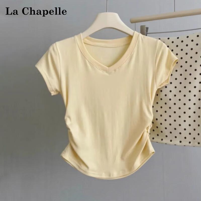 La Chapelle 2025 Damen V-Ausschnitt Falten Slim-Fit Kurzarm T-Shirt