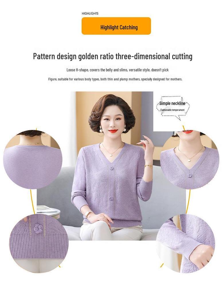 Spring/Fall Thin Knitwear for Middle-Aged & Elderly Women: Stylish Stretch Pullover