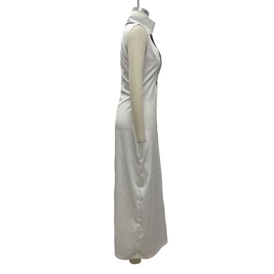 Ärmelloses Damenkleid Stehkragen V-Ausschnitt Langes Kleid Lockere Passform Polyester Elegantes Kleid mit geometrischen Mustern Bedruckt Tägliches Outfit