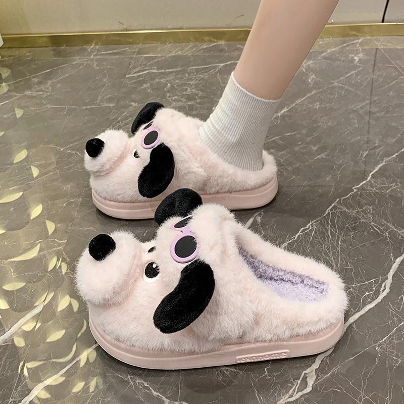 Scribbled Dog Cotton Slippers Winter Girl Cute Cartoon Indoor Home Warm Couple Thick Bottom Fluffy Slippers