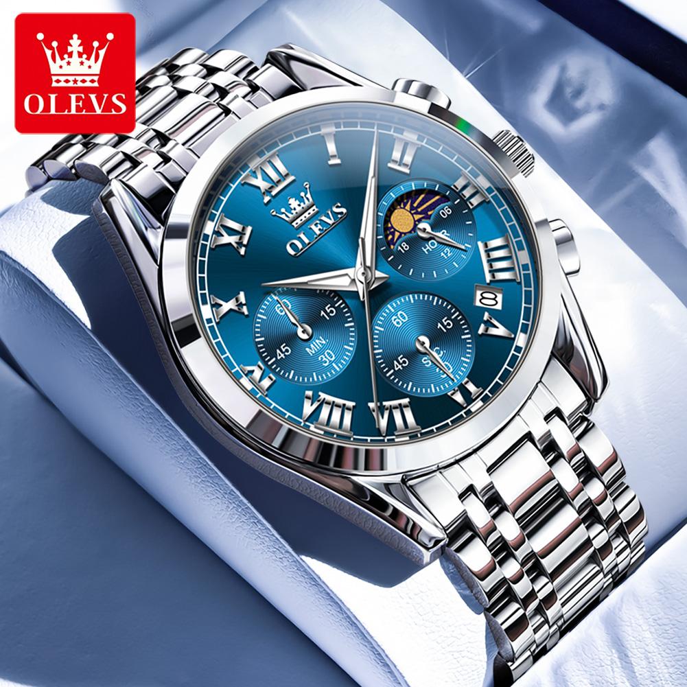100% Original OLEVS 2871 Men's Watches New Stainless Steel Strap Moon Phase Chronograph Waterproof Luminous Quartz Wristwatches
