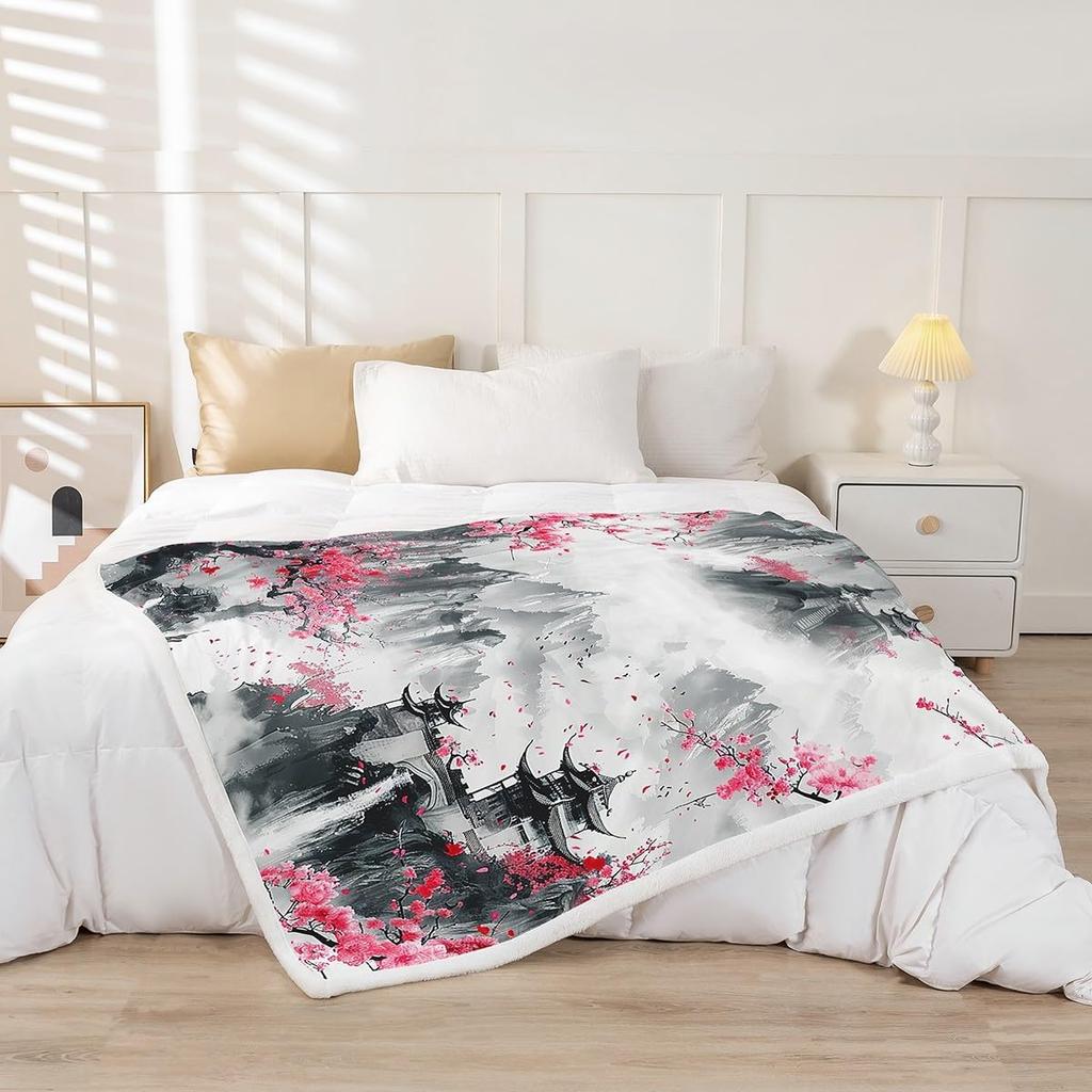 GUOYU Blanket Japanese Style Blanket Twin Size Cherry Blossom Trees Throw Blanket for SofaTraditional Mountains Reversible Kids Teens Fleece