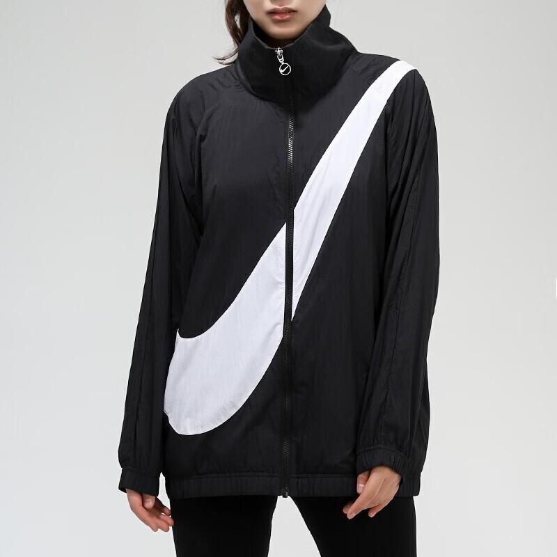 Nike Roupa Esportiva Logo Swoosh Vintage Esportiva Gola Alta Estampada Jaqueta Corta-vento Tecida Primavera Jaquetas Femininas Preto CV8659-010