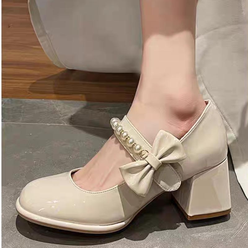 Fashion Platform Beads Bowknot Dating Shoes Spring Black Single Shoes Women Janes Pumps Round Toe Block Heels