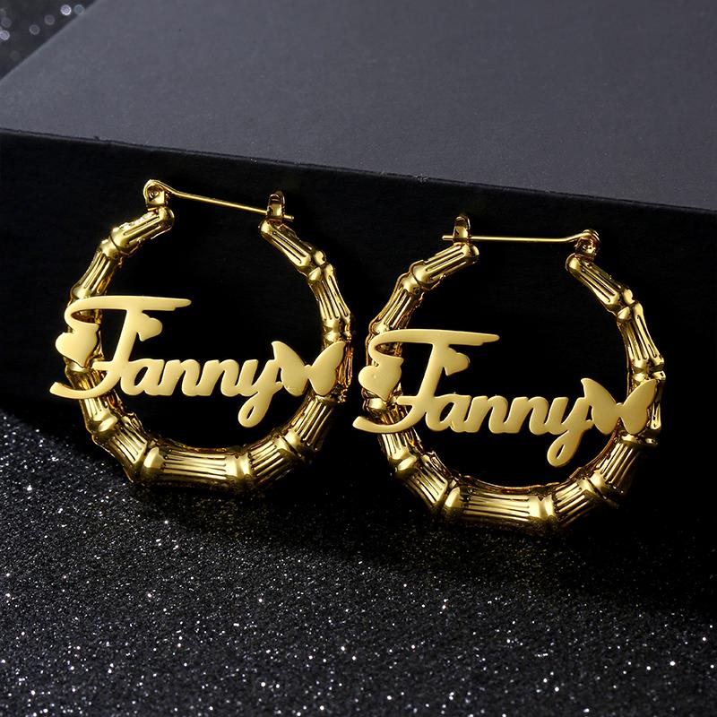 Fashion Earring Jeweley Stainless Steel 18K Gold Plated Bamboo Custom Letter Name Big Large Hoop Earrings for Women