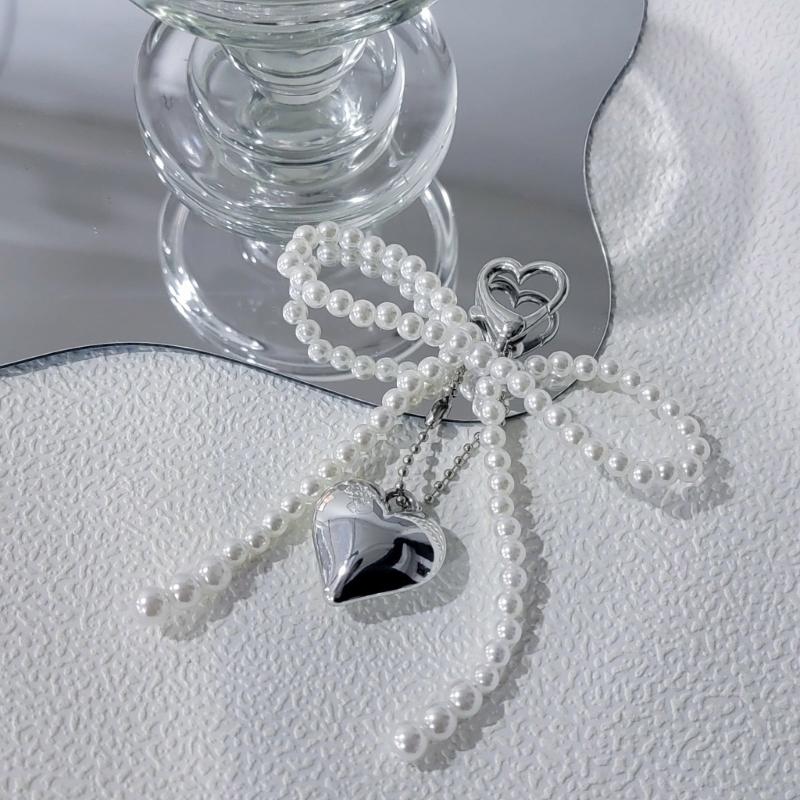 Chic Imitation Pearl Keychain Handmade Bow Shaped Keyring Heart Pendant Keyrings