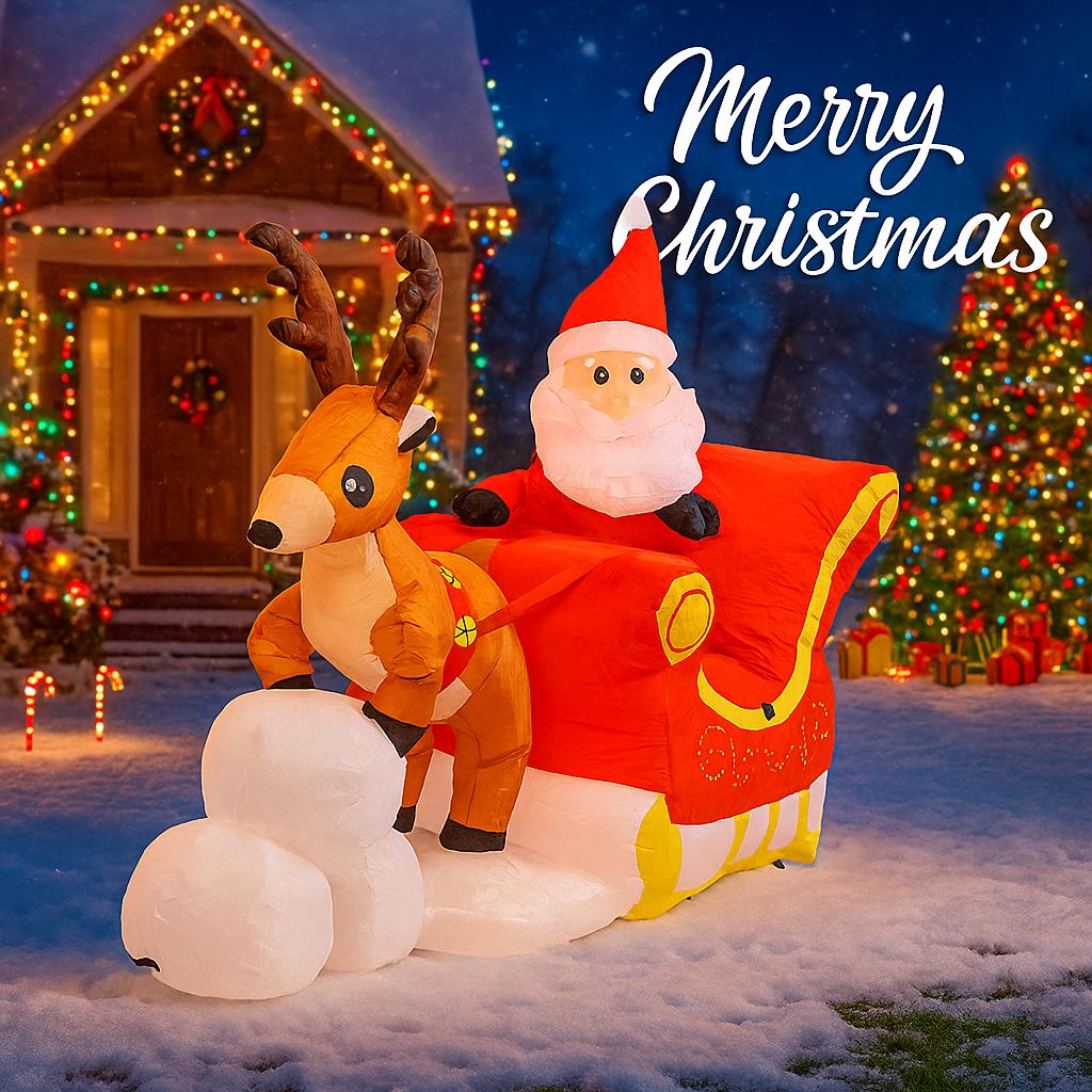 5.25FT Inflatable Toy Santa Reindeer Sleigh Toy With LED Light Xmas Yard Party Decoration Christmas Home Supplies Ornaments Gift