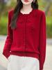 Handmade Pure Wool Hollow Out Knit Cardigan with Floral Design - Red, Autumn/Winter.