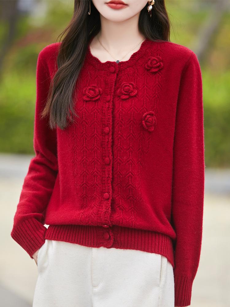 Handmade Pure Wool Hollow Out Knit Cardigan with Floral Design - Red, Autumn/Winter.
