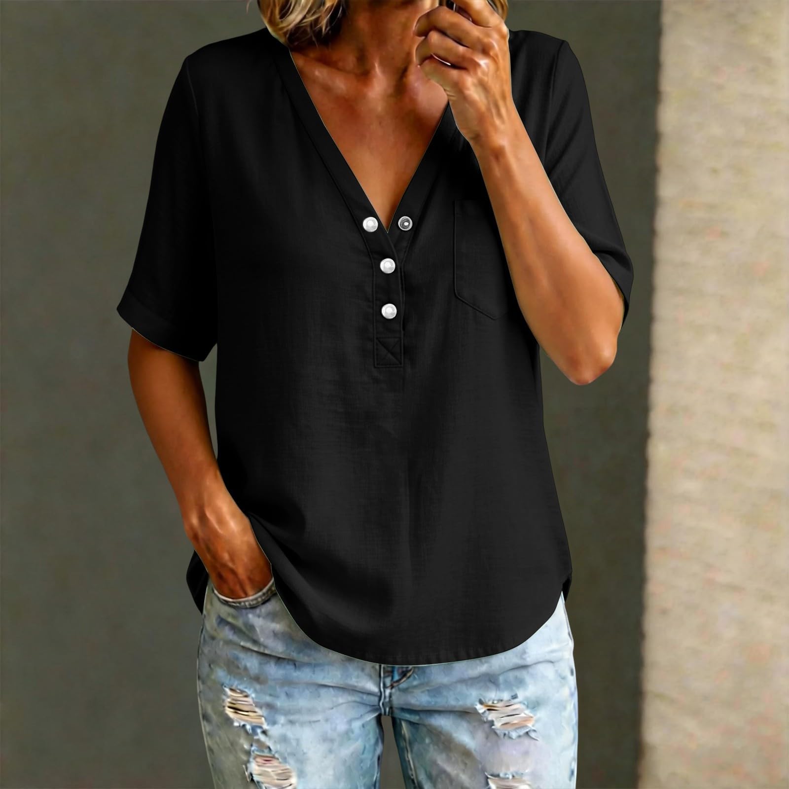 

Women Linen Shirt Summer Cotton Gauze Blouse Button V Neck Half Sleeve Casual Top Loose Fit Lightweight Breathable Fabric XL чёрный