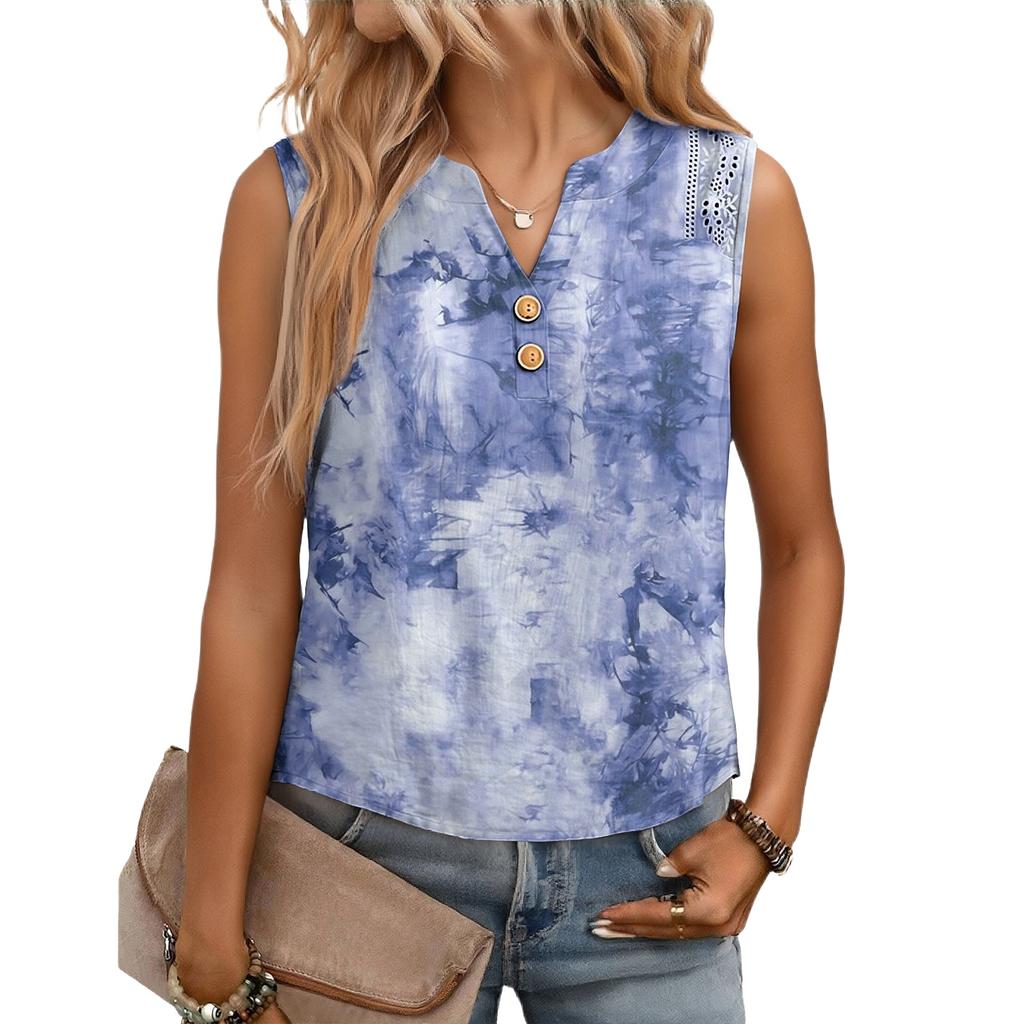 Women's Casual, Loose-Fitting, Printed, Sleeveless Linen Blouse