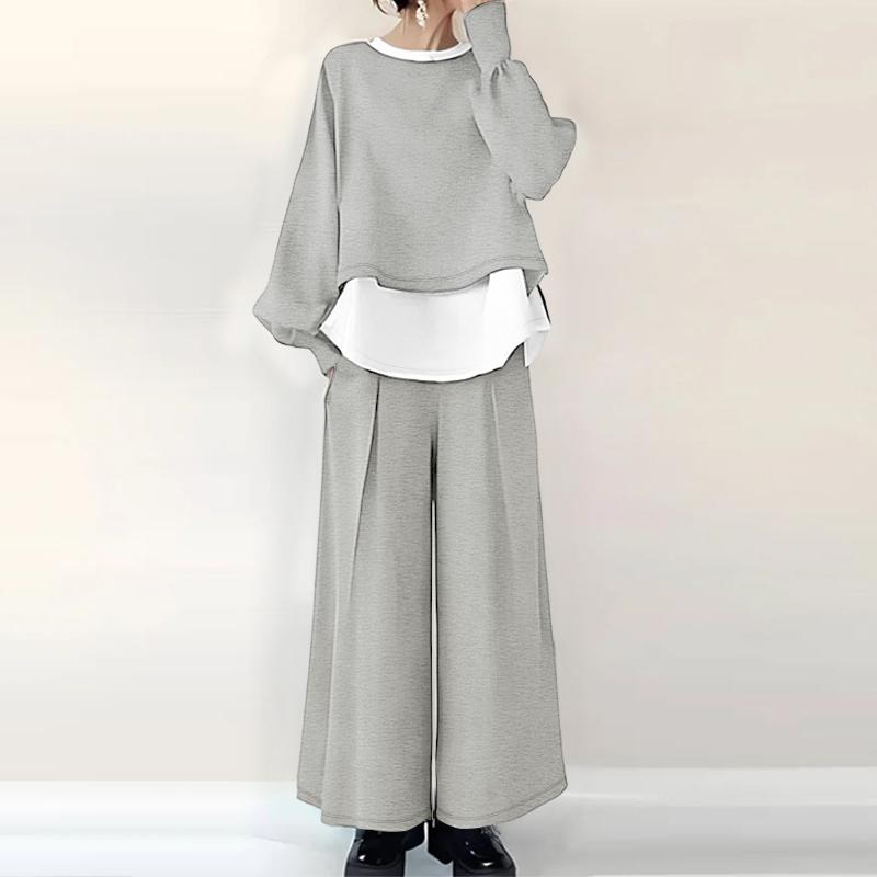 ZANZEA Women Casual Long Sleeve Blouse and Wide Leg Pants Two Piece Suit Sets