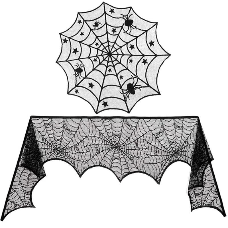 Lace Table Runner Spiderweb Mantel Scarf Cover for Holiday Party Decoration, Black Spiderweb Mantel Scarf