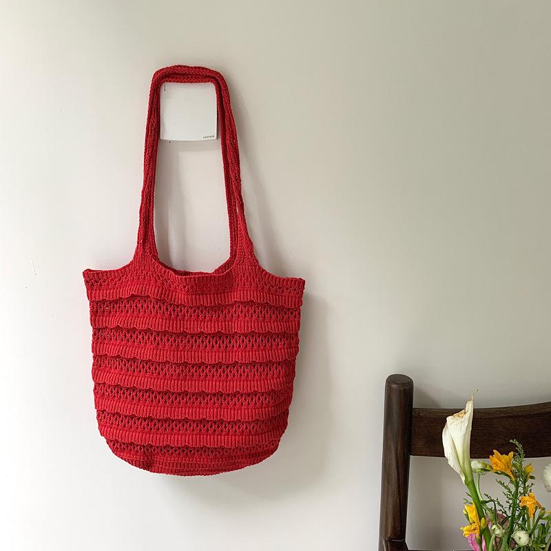 

Yogodlns Solid Color Large Capacity Knitted Tote Bag Women Summer Seaside Vacation Handbag Ladies Crochet Shoulder Bag 35x2x35cm червоний