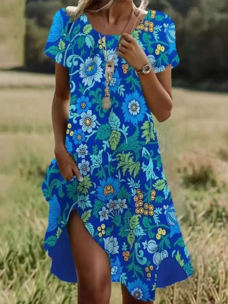 

Летнее художественное этническое платье средней длины с круглым вырезом 5XL