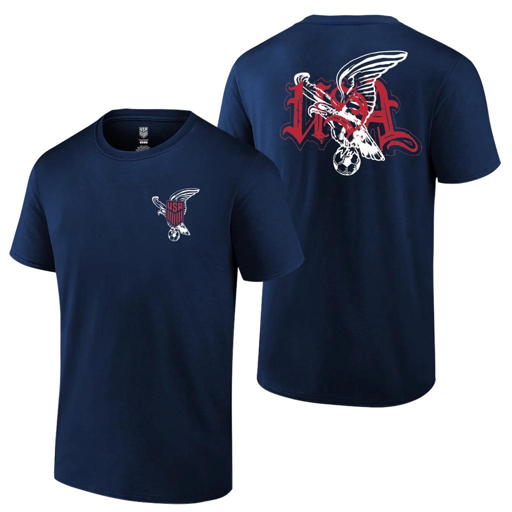 2024 USA. Fußballverband USMNT Erwachsenen T-Shirt USA mit Adler 2 Seiten Druck Blau