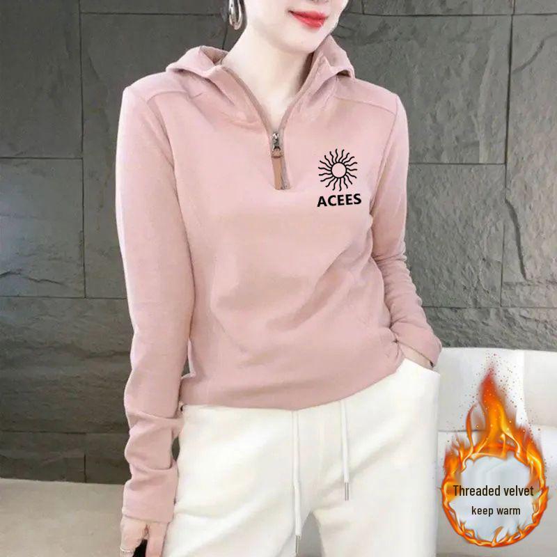 

2024 Women s Hooded Long-Sleeve Velvet Top - Stylish, Versatile Autumn/Winter Wear 2XL [135-150 lbs]