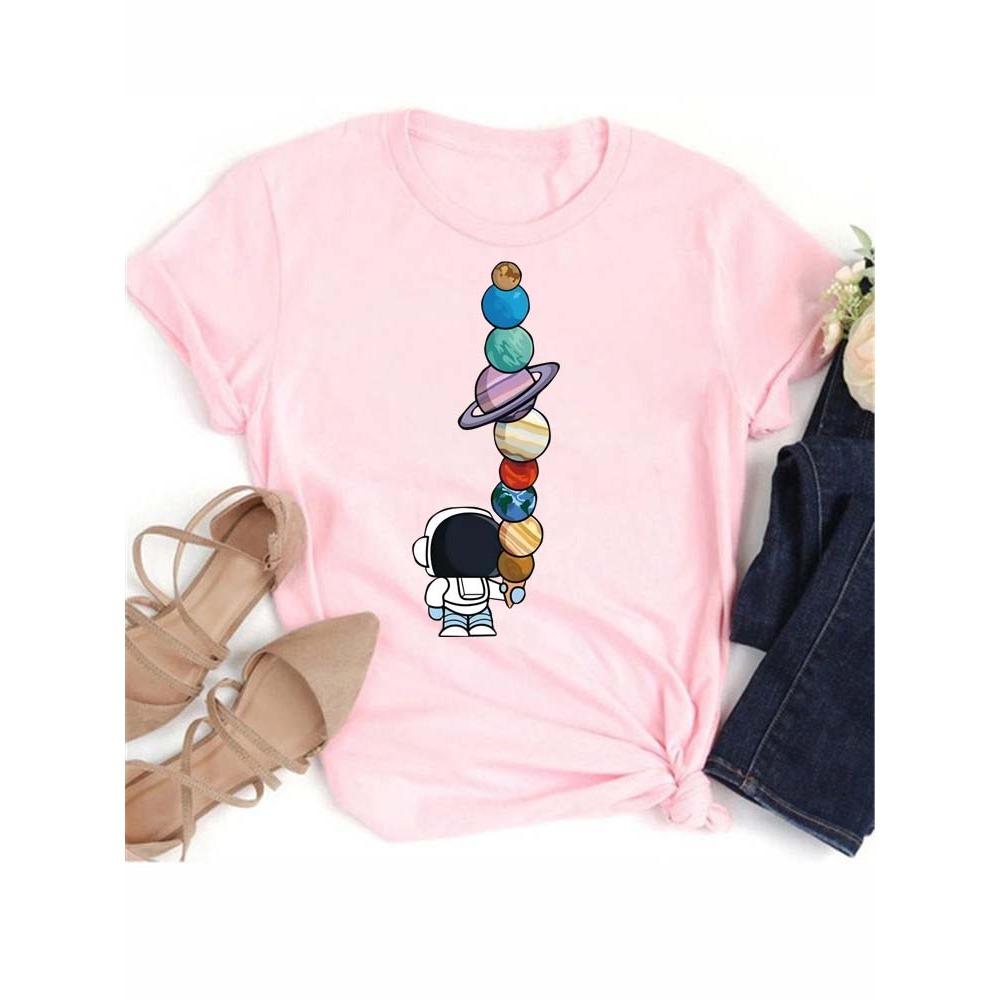 Maycaur T-shirt Dames Maan Planeet Print Mode T-shirts Casual Ronde Hals Korte Mouw Streetwear Dames T-shirt Vintage Tops