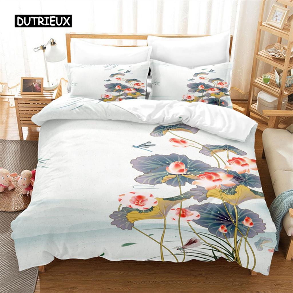 Lotus Floral Duvet Cover King Microfiber Water Hibiscus Bedding Set Flower Leaves Quilt Cover Nature Art Theme Bedspread Cover