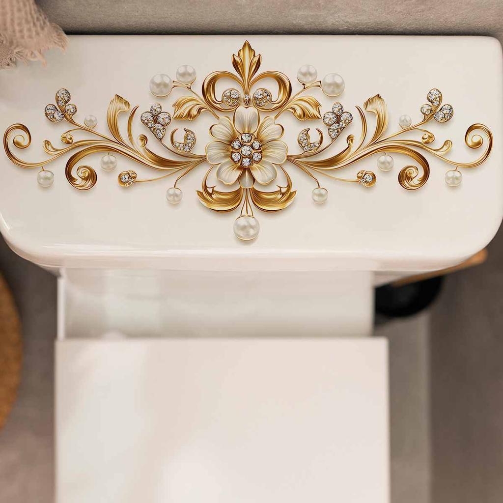 Luxurious Gold Jewelry, Pearl and Diamond Toilet Tank Stickers, Court-style Bathroom Decoration Stickers