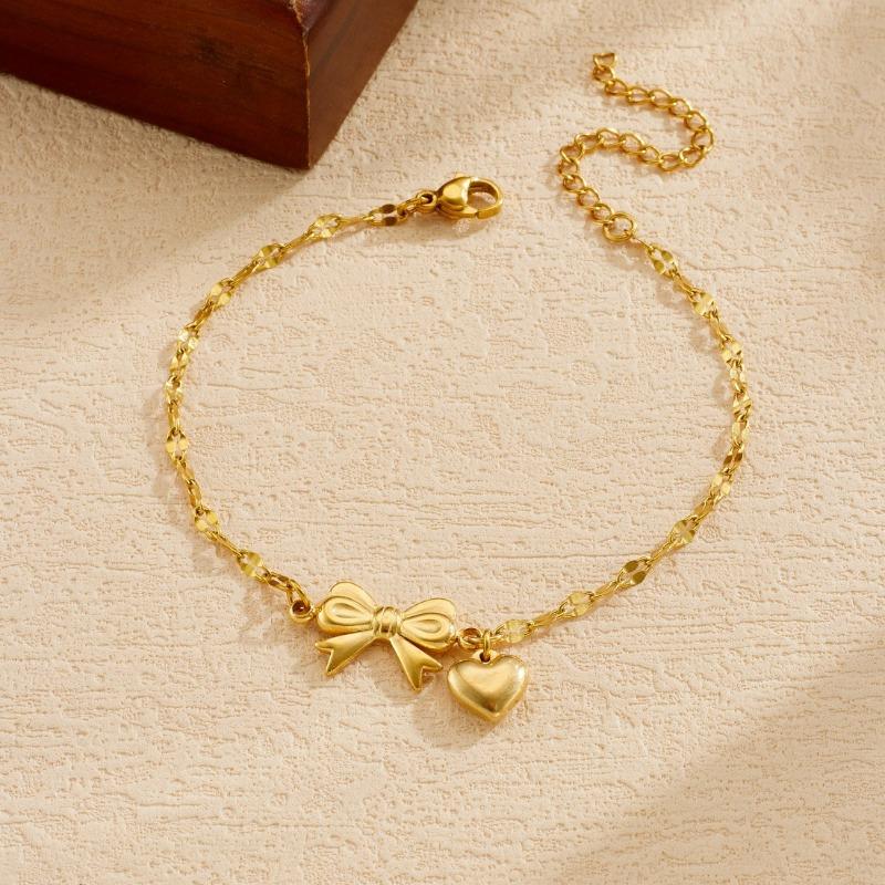 Gold Bow and Heart Charm Link Bracelet for Women