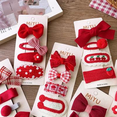 4PCS Red Hair Pins for Girls Fabric Bow Bangs Clips Christmas Baby Hair Accessories Knitted Sweet Korean Hair Clip Kids Gifts