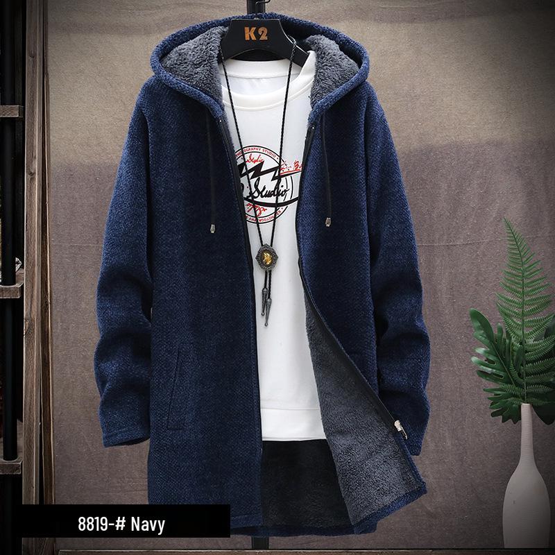 Men's Plus Velvet Thick Cardigan Sweater - Long Hooded Knitwear for Autumn/Winter