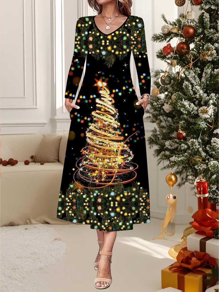 2025 Autumn and Winter New Women Casual Fashion Dress 3D Snowflake Pattern Print  Long Sleeve V-Neck A-Line Dresses Christmas Gift