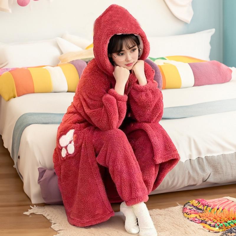 Women's Coral Velvet Nightgowns Winter Long Robes Thicken Plush Pajama Kimono Flannel Sleepwear Warm Pijama Pants Home Clothing