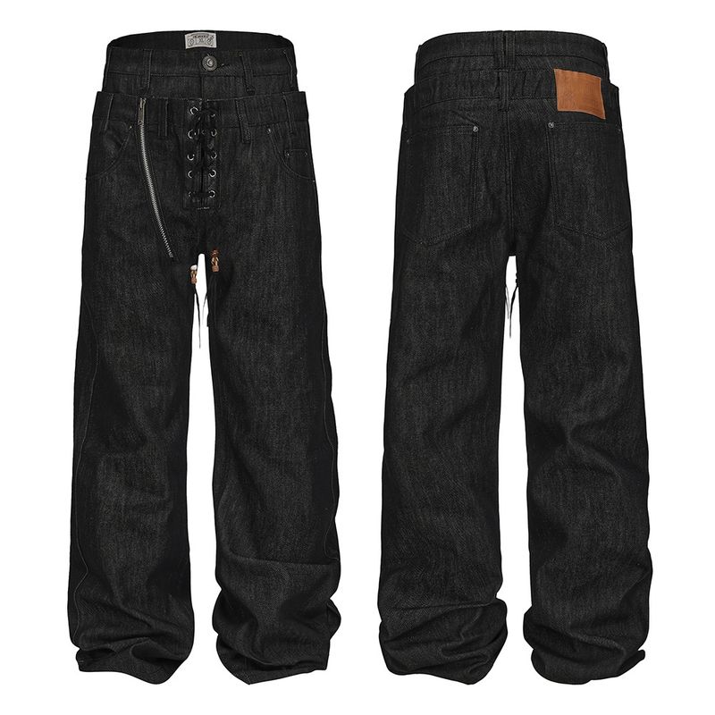 

Dnd4Des Original Design Zipper Denim Raw Denim 646 Slightly Flared Vintage Drawstring Double Waistband Jeans Tannin color XL