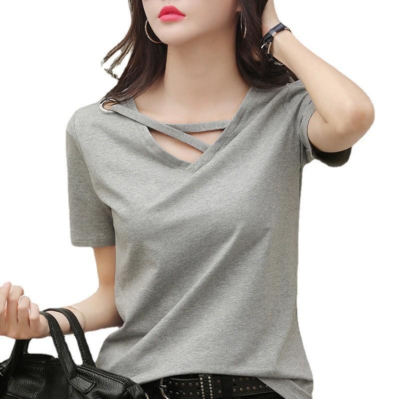 2025 Women's Short-Sleeve V-Neck Loose-Fit T-Shirt, Summer Casual, Available in White and Black, Korean Style Trend.
