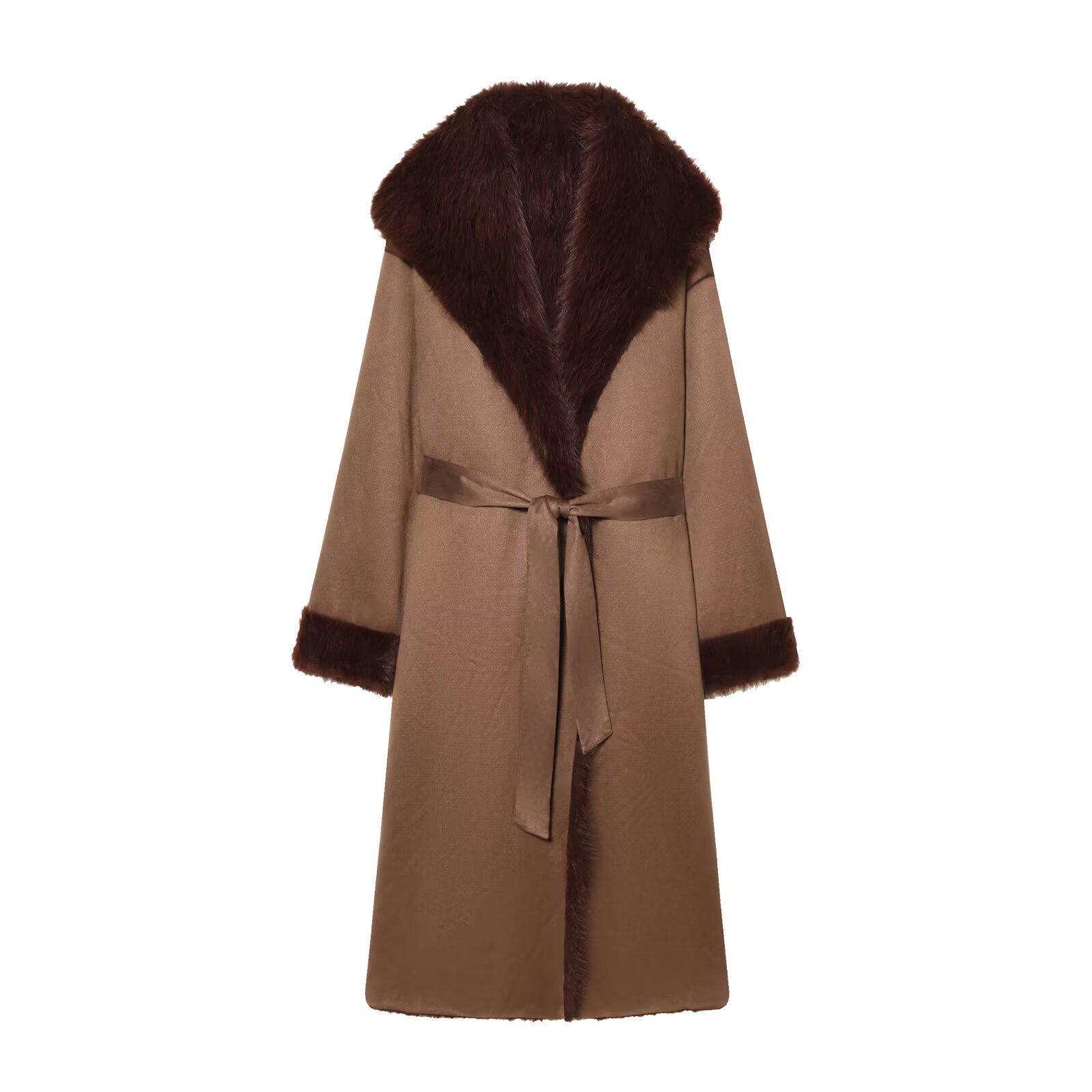 

European & American Women s Fashion Coat - Plush Fur Collar, Belted Waist, Slim Fit XS темно-коричневого кольору