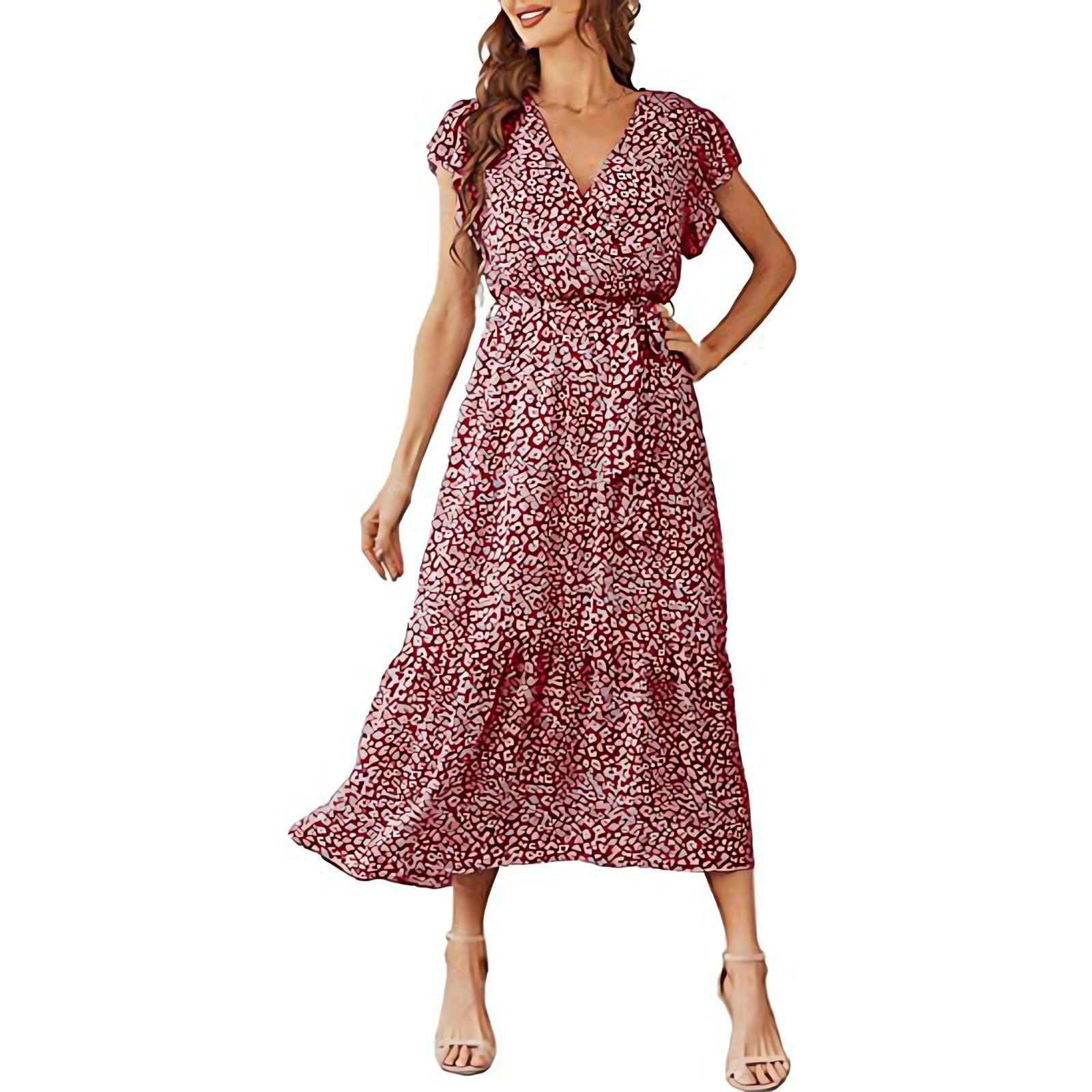 

Женское платье А-силуэта с V-образным вырезом, коротким рукавом, поясом, плиссированным подолом и цветочной длинной юбкой L винный