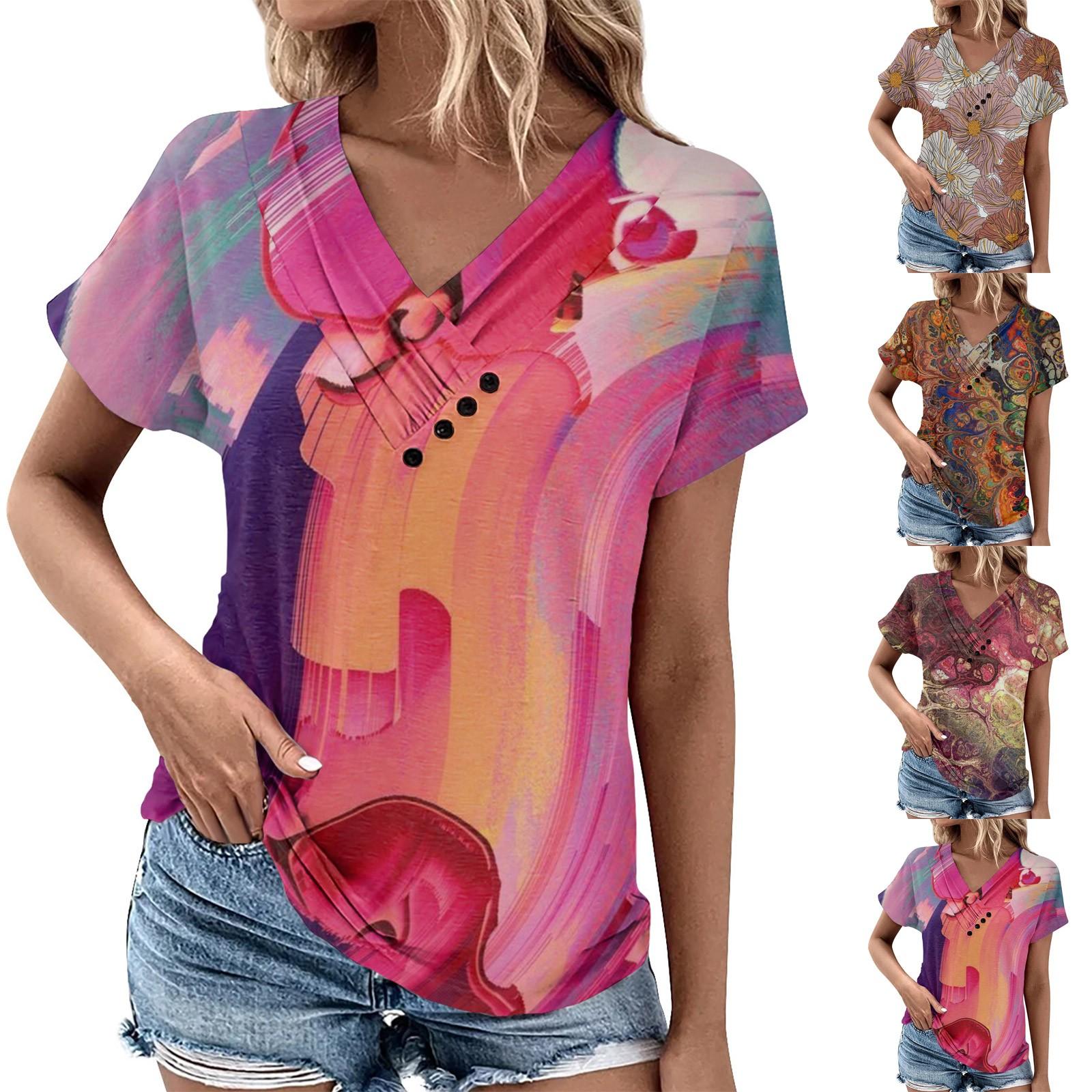 

Летние женские топы с цветочным узором для женщин, удобные женские топы с v-образным вырезом и короткими рукавами, футболки большого размера