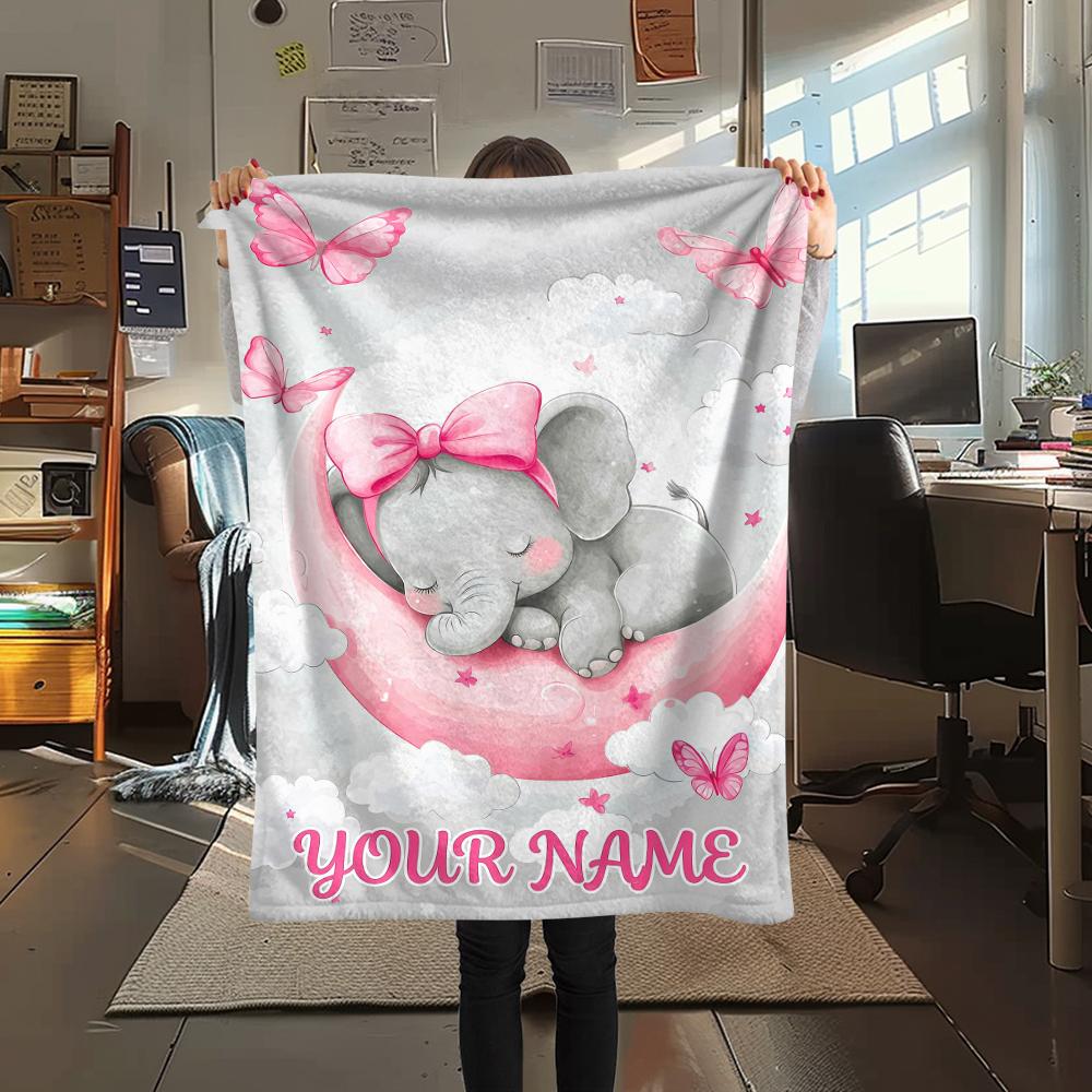 1PC Custom Name Pink Elephant Dreams Patterned Flannel Blanket Suitable For All Seasons for Home Decor Warmth and Comfort Gifts Holiday Present_lx